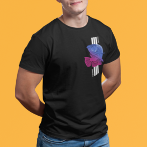 Men black round neck T-shirt with fishing catfish graphic