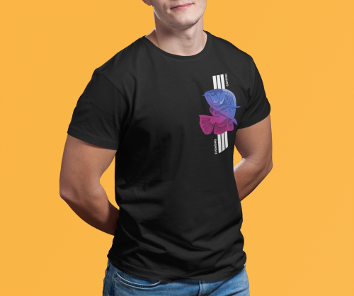 Men black round neck T-shirt with fishing catfish graphic