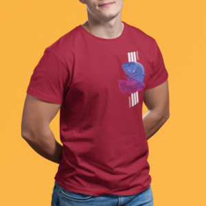 Men maroon round neck T-shirt with fishing catfish graphic