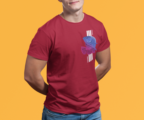 Men maroon round neck T-shirt with fishing catfish graphic