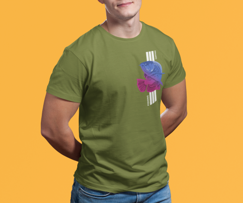 Men olive green round neck T-shirt with fishing catfish graphic