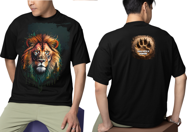 Men wearing black Lion Walk With A Purpose oversized T-shirt with front and back print