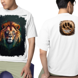 Men wearing white Lion Walk With A Purpose oversized T-shirt with front and back print