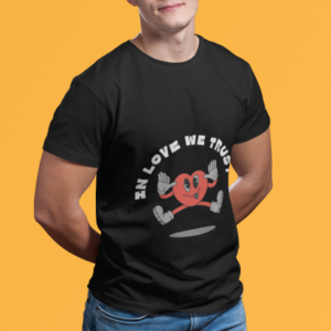 Men black round neck T-shirt with Love We Trust heart graphic