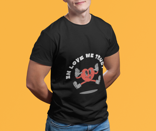 Men black round neck T-shirt with Love We Trust heart graphic