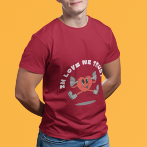 Men maroon round neck T-shirt with Love We Trust heart graphic