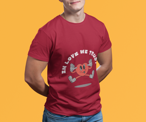 Men maroon round neck T-shirt with Love We Trust heart graphic