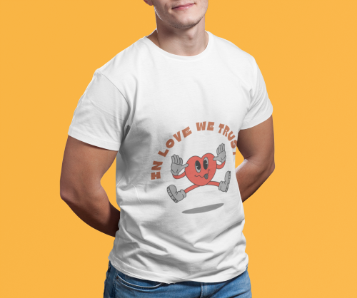 Men white round neck T-shirt with Love We Trust heart graphic