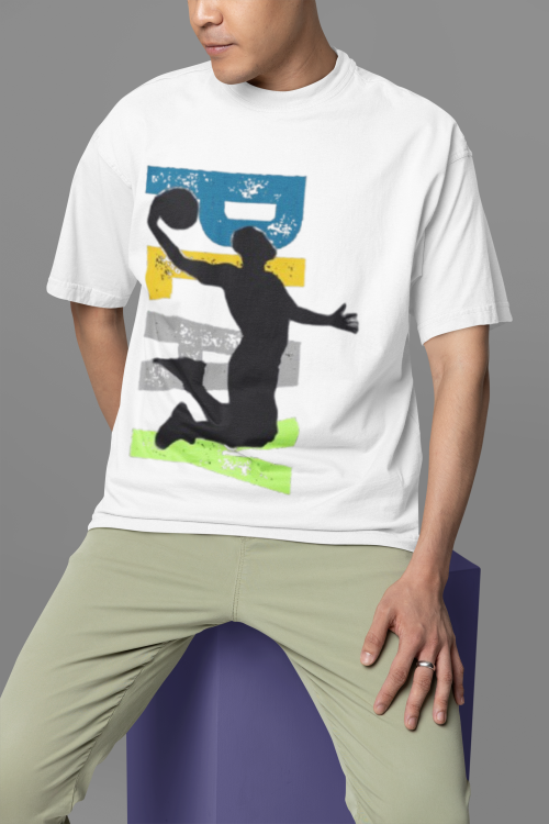 Men white oversized T-shirt with Play basketball graphic