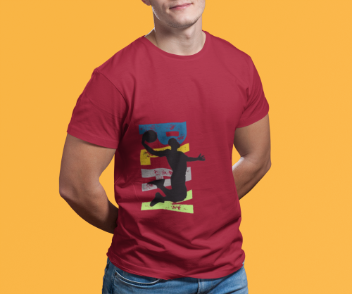 Men maroon round neck T-shirt with Play basketball graphic