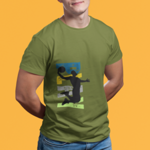 Men olive green round neck T-shirt with Play basketball graphic