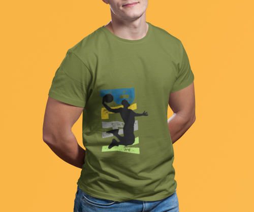 Men olive green round neck T-shirt with Play basketball graphic
