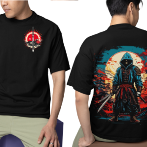 Men wearing black Samurai Warrior oversized T-shirt with front and back print
