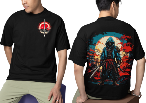 Men wearing black Samurai Warrior oversized T-shirt with front and back print