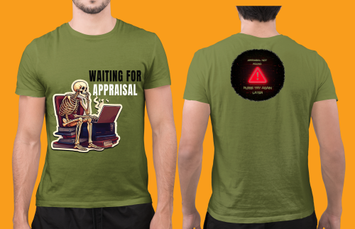 Men wearing olive green Waiting For Appraisal round neck T-shirt with front and back print