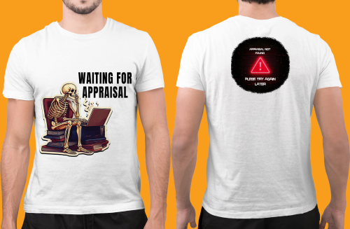 Men wearing white Waiting For Appraisal round neck T-shirt with front and back print