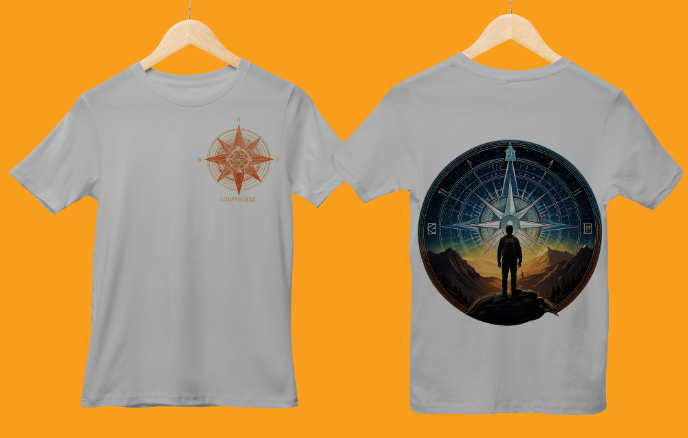 Unisex grey round neck T-shirt with Compass Soul traveller front and back print