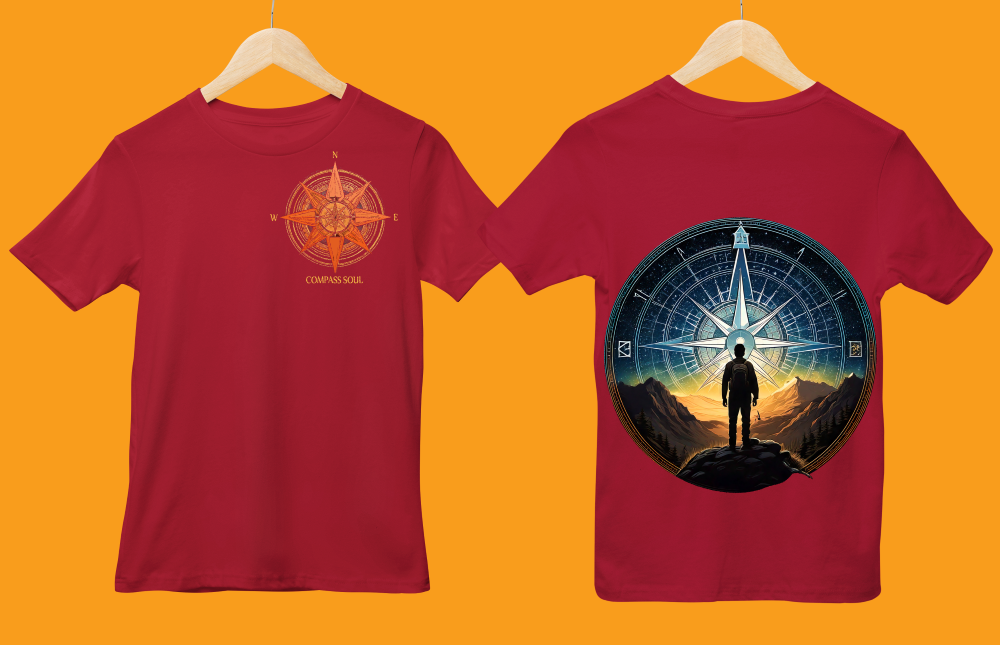 Unisex maroon round neck T-shirt with Compass Soul traveller front and back print