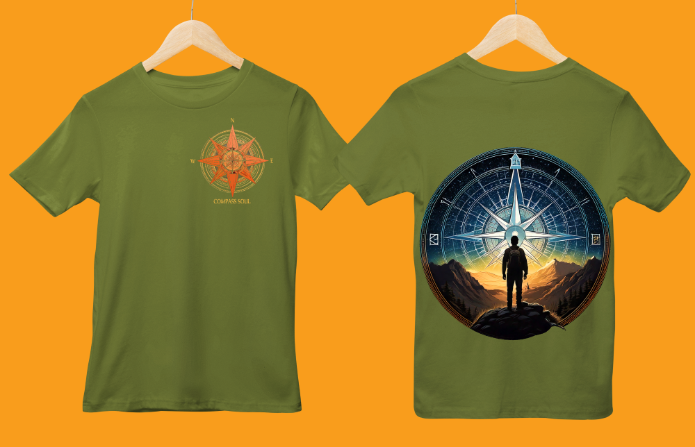 Unisex olive green round neck T-shirt with Compass Soul traveller front and back print