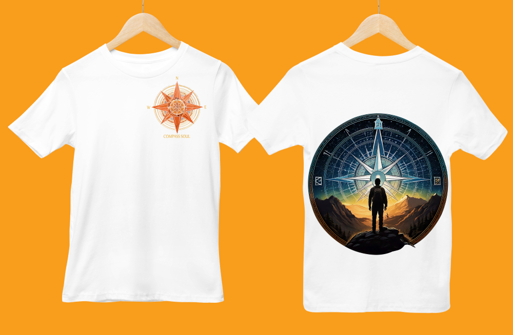 Unisex white round neck T-shirt with Compass Soul traveller front and back print