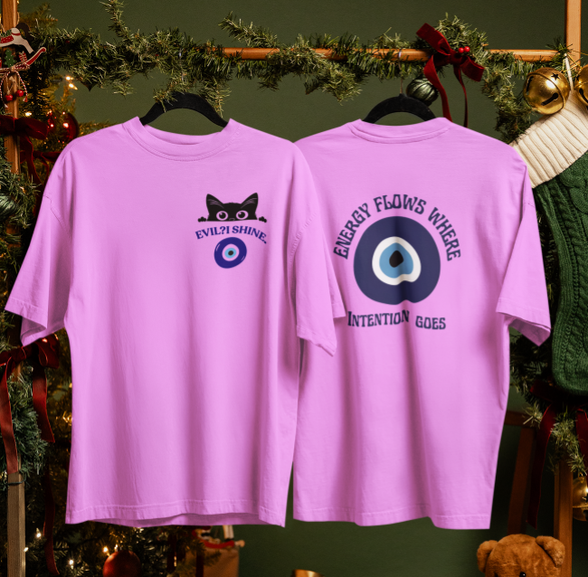 Unisex purple oversized T-shirt with Evil Eye Energy Flow front and back print
