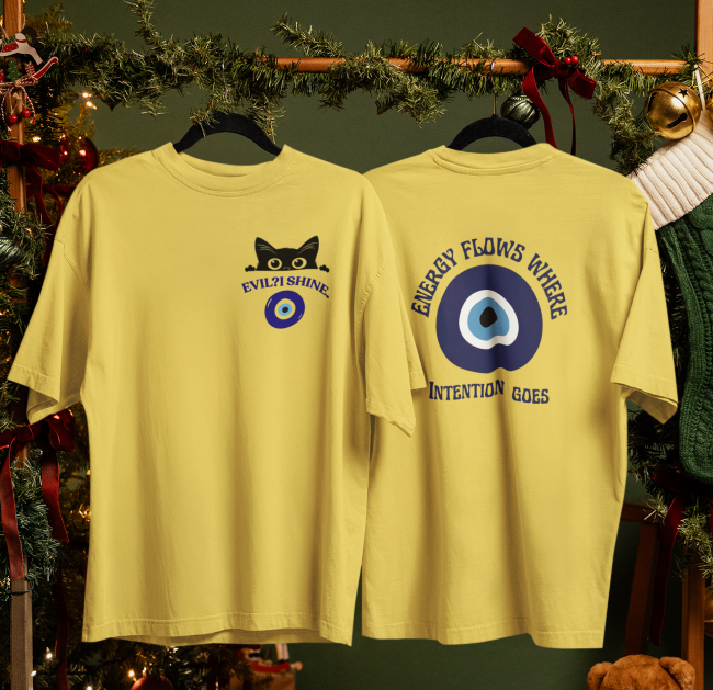 Unisex taupe oversized T-shirt with Evil Eye Energy Flow front and back print