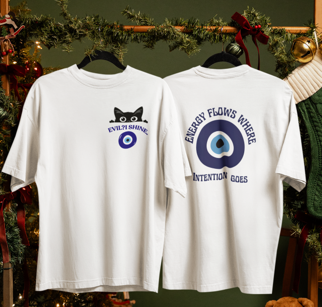 Unisex white oversized T-shirt with Evil Eye Energy Flow front and back print