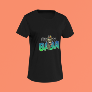 Unisex black round neck T-shirt with Funky Baba graphic