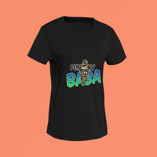 Unisex black round neck T-shirt with Funky Baba graphic