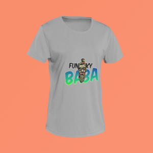 Unisex grey round neck T-shirt with Funky Baba graphic
