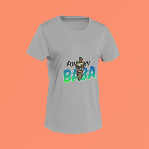 Unisex grey round neck T-shirt with Funky Baba graphic