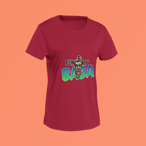 Unisex maroon round neck T-shirt with Funky Baba graphic