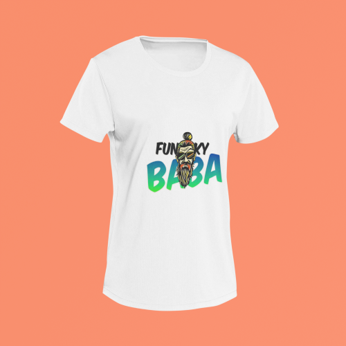 Unisex white round neck T-shirt with Funky Baba graphic
