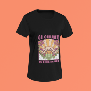 Unisex black round neck T-shirt with Go Outside To Look Inside graphic