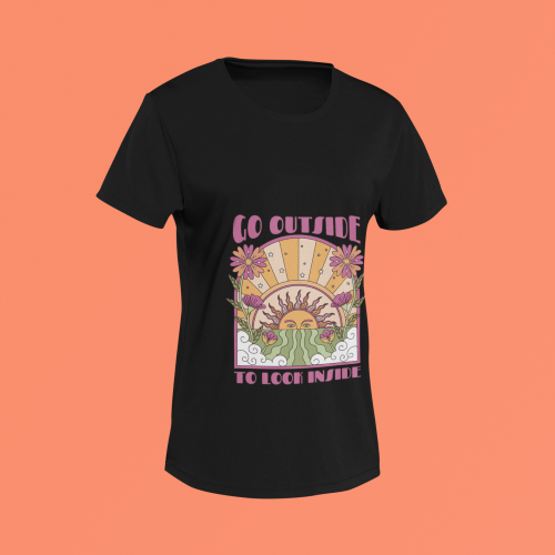 Unisex black round neck T-shirt with Go Outside To Look Inside graphic