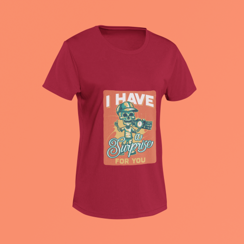 Unisex maroon round neck T-shirt with I Have A Surprise For You graphic