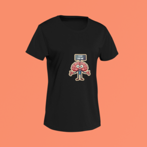 Unisex black round neck T-shirt with Please Use Me brain graphic