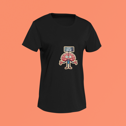 Unisex black round neck T-shirt with Please Use Me brain graphic