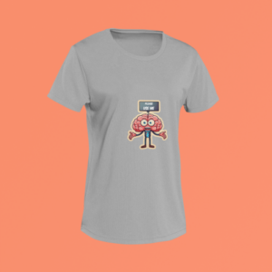 Unisex grey round neck T-shirt with Please Use Me brain graphic