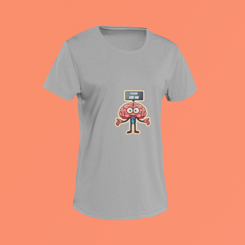 Unisex grey round neck T-shirt with Please Use Me brain graphic