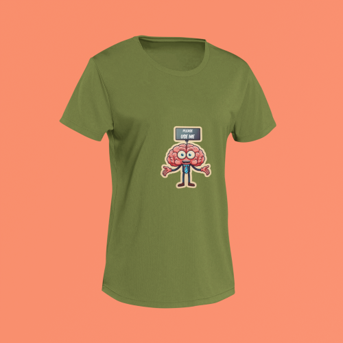 Unisex olive green round neck T-shirt with Please Use Me brain graphic