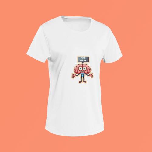 Unisex white round neck T-shirt with Please Use Me brain graphic