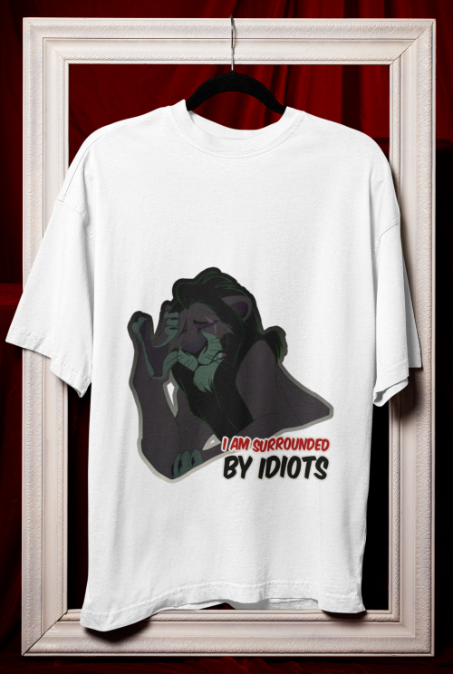 Unisex white oversized T-shirt with Surrounded By Idiots graphic