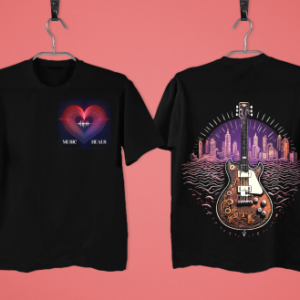 Unisex black oversized T-shirt with Wish Heal guitar front and back print
