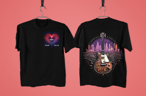 Unisex black oversized T-shirt with Wish Heal guitar front and back print