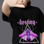 Women wearing black Destiny butterfly round neck T-shirt