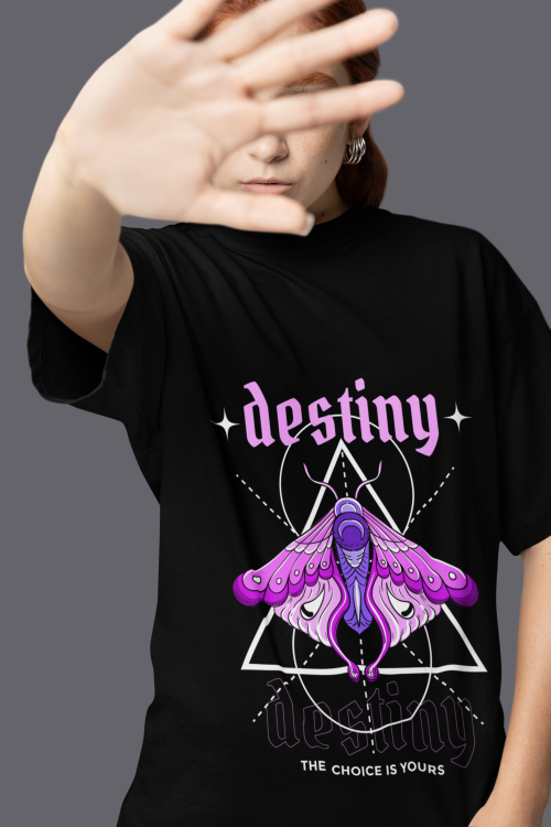 Women wearing black Destiny butterfly round neck T-shirt
