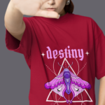 Women wearing maroon Destiny butterfly round neck T-shirt