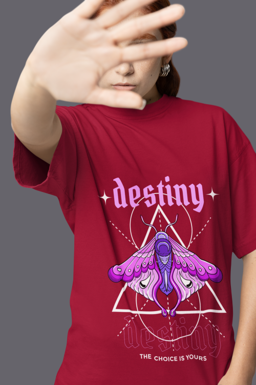 Women wearing maroon Destiny butterfly round neck T-shirt