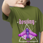 Women wearing olive green Destiny butterfly round neck T-shirt